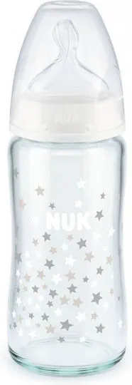 Nuk Γυάλινο Μπιμπερό First Choice Plus Κατά των Κολικών με Θηλή Σιλικόνης για 0-6 μηνών Λευκό Αστεράκια - Λευκό 240ml