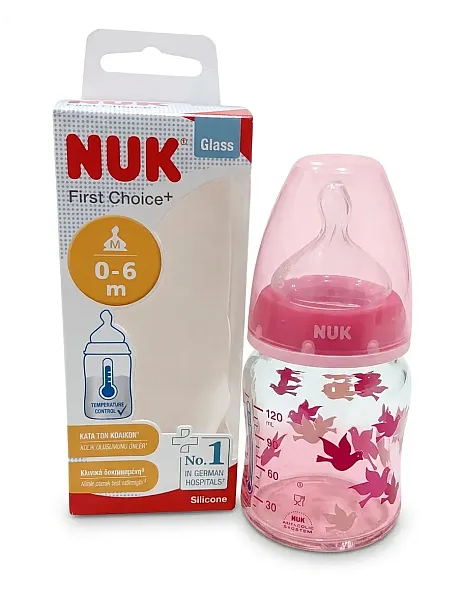 NUK First Choice⁺ Γυάλινο Μπιμπερό 120ml με Θηλή Σιλικόνης  ΡΟΖ (0-6 μηνών)