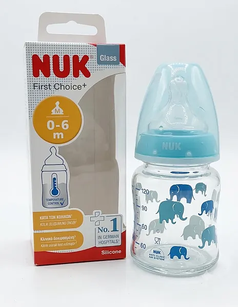 NUK First Choice⁺ Γυάλινο Μπιμπερό 120ml με Θηλή Σιλικόνης ΜΠΛΕ (0-6 μηνών)