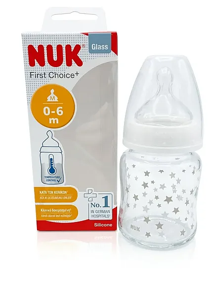 NUK First Choice⁺ Γυάλινο Μπιμπερό 120ml με Θηλή Σιλικόνης ΛΕΥΚΟ (0-6 μηνών)