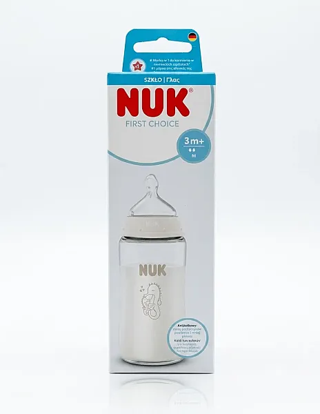 Nuk First Choice Plus Glass Bottle Temperature Control Silicone Medium 3m+ 240ml - Seahorse Λευκό