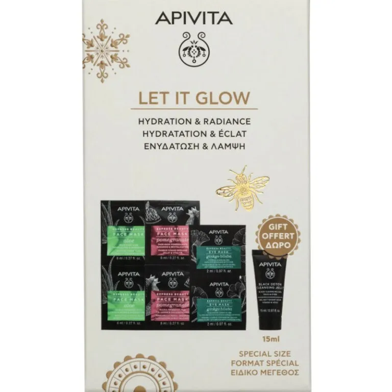 Apivita Promo Express Beauty Moisturizing & Refreshing Aloe Face Mask 2x8ml & Revitalization Pomegranate Face Mask 2x8ml & Ginkgo Biloba Eye Mask 2x2ml & Black Detox Cleansing Jelly 15m