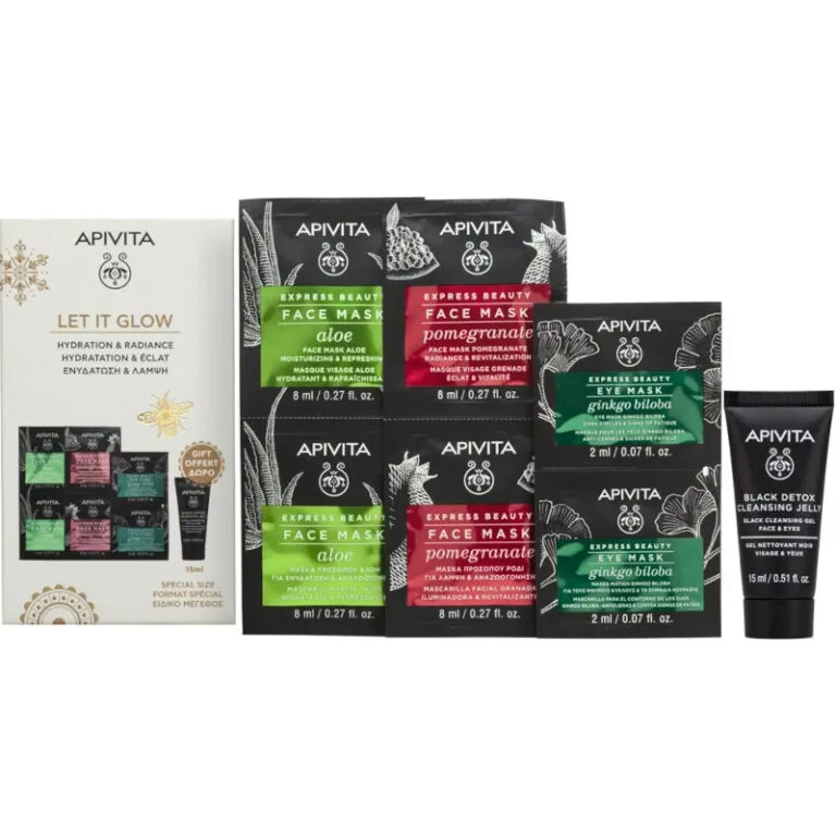 Apivita Promo Express Beauty Moisturizing & Refreshing Aloe Face Mask 2x8ml & Revitalization Pomegranate Face Mask 2x8ml & Ginkgo Biloba Eye Mask 2x2ml & Black Detox Cleansing Jelly 15m