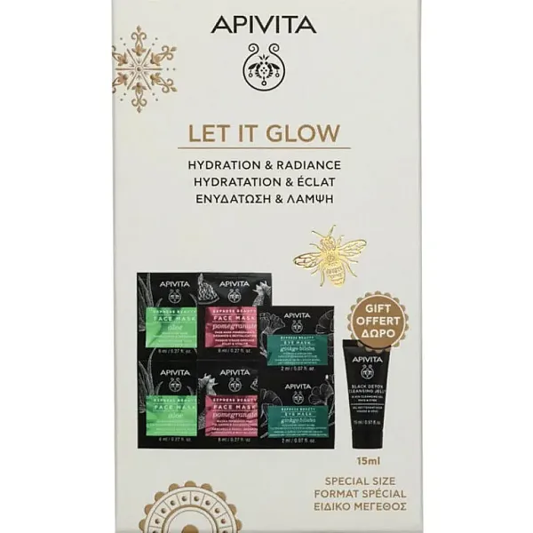 Apivita Promo Express Beauty Moisturizing & Refreshing Aloe Face Mask 2x8ml & Revitalization Pomegranate Face Mask 2x8ml & Ginkgo Biloba Eye Mask 2x2ml & Black Detox Cleansing Jelly 15m